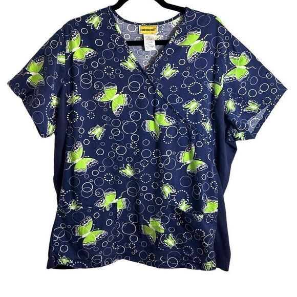 The Uniform Outlet 2X butterfly print knit sides two pocket scrub top blue & gre - Picture 1 of 11